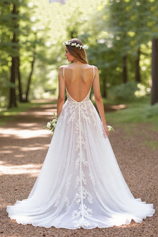 Ivory Tulle A Line Corset Sweep Train V-Neck Wedding Dress with Lace