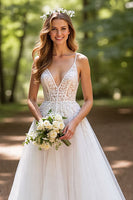 Load image into Gallery viewer, Ivory Tulle A Line Corset Sweep Train V-Neck Wedding Dress with Lace