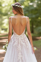 Load image into Gallery viewer, Ivory Tulle A Line Corset Sweep Train V-Neck Wedding Dress with Lace