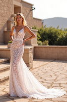 Load image into Gallery viewer, Ivory Lace Spaghetti Straps Mermaid Sweep Train Wedding Dress