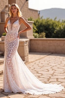 Load image into Gallery viewer, Ivory Lace Spaghetti Straps Mermaid Sweep Train Wedding Dress