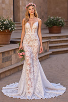 Load image into Gallery viewer, Ivory Lace Spaghetti Straps Sweep Train Mermaid Boho Wedding Dress
