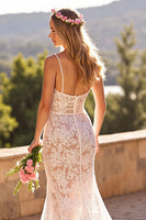 Load image into Gallery viewer, Ivory Lace Spaghetti Straps Sweep Train Mermaid Boho Wedding Dress