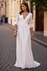 Load image into Gallery viewer, Ivory V-Neck Chiffon Sweep Train Ruffled Boho Wedding Dress with Half Sleeves
