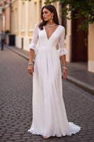 Load image into Gallery viewer, Ivory V-Neck Chiffon Sweep Train Ruffled Boho Wedding Dress with Half Sleeves