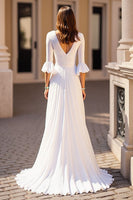 Load image into Gallery viewer, Ivory V-Neck Chiffon Sweep Train Ruffled Boho Wedding Dress with Half Sleeves