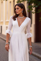 Load image into Gallery viewer, Ivory V-Neck Chiffon Sweep Train Ruffled Boho Wedding Dress with Half Sleeves