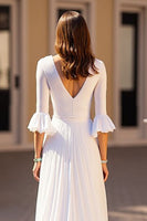 Load image into Gallery viewer, Ivory V-Neck Chiffon Sweep Train Ruffled Boho Wedding Dress with Half Sleeves