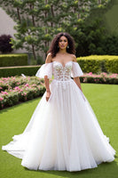 Load image into Gallery viewer, Ivory Off the Shoulder Tulle Corset Sweep Train Wedding Dress with Lace