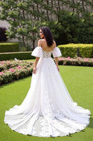Load image into Gallery viewer, Ivory Off the Shoulder Tulle Corset Sweep Train Wedding Dress with Lace
