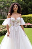 Load image into Gallery viewer, Ivory Off the Shoulder Tulle Corset Sweep Train Wedding Dress with Lace