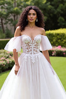 Load image into Gallery viewer, Ivory Off the Shoulder Tulle Corset Sweep Train Wedding Dress with Lace