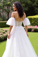 Load image into Gallery viewer, Ivory Off the Shoulder Tulle Corset Sweep Train Wedding Dress with Lace