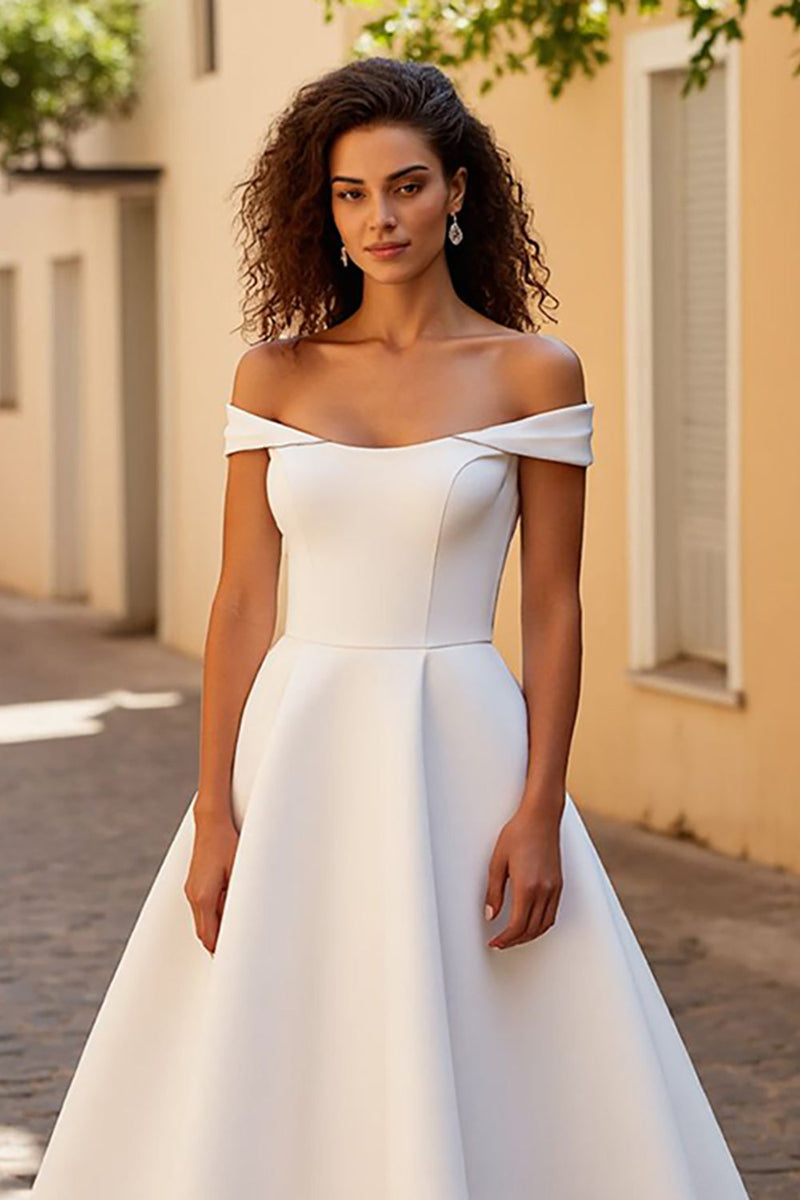 Load image into Gallery viewer, Simple Ivory Off the Shoulder A Line Satin Sweep Train Wedding Dress
