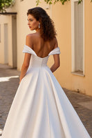 Load image into Gallery viewer, Simple Ivory Off the Shoulder A Line Satin Sweep Train Wedding Dress