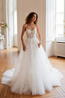 Load image into Gallery viewer, Ivory Corset Spaghetti Straps Tulle Sweep Train Wedding Dress with Appliques