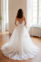 Load image into Gallery viewer, Ivory Corset Spaghetti Straps Tulle Sweep Train Wedding Dress with Appliques