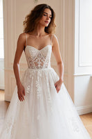 Load image into Gallery viewer, Ivory Corset Spaghetti Straps Tulle Sweep Train Wedding Dress with Appliques