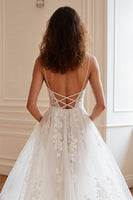 Load image into Gallery viewer, Ivory Corset Spaghetti Straps Tulle Sweep Train Wedding Dress with Appliques