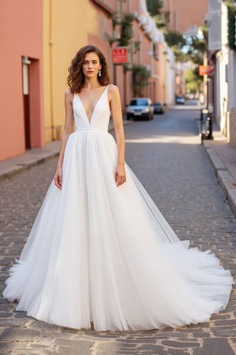 Simple Ivory V-Neck A Line Tulle Sweep Train Wedding Dress