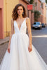 Load image into Gallery viewer, Simple Ivory V-Neck A Line Tulle Sweep Train Wedding Dress