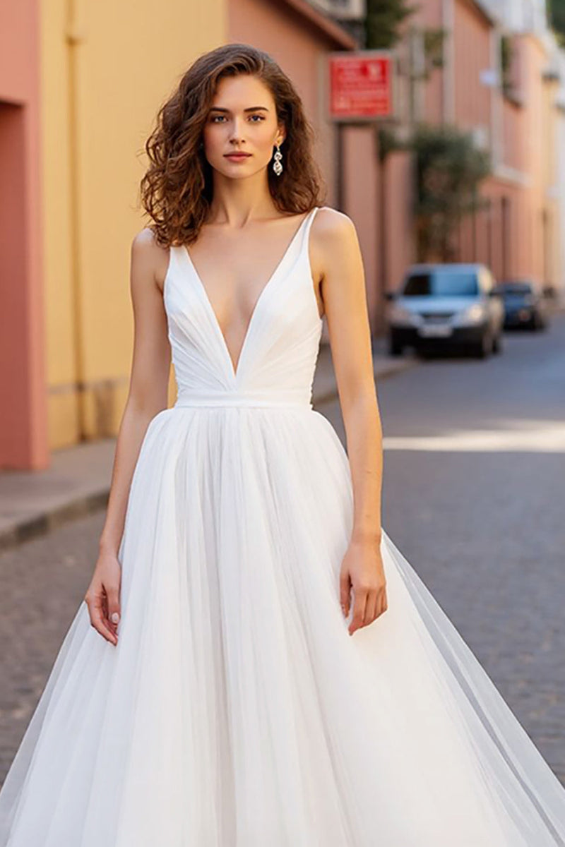 Load image into Gallery viewer, Simple Ivory V-Neck A Line Tulle Sweep Train Wedding Dress