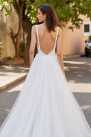 Load image into Gallery viewer, Simple Ivory V-Neck A Line Tulle Sweep Train Wedding Dress