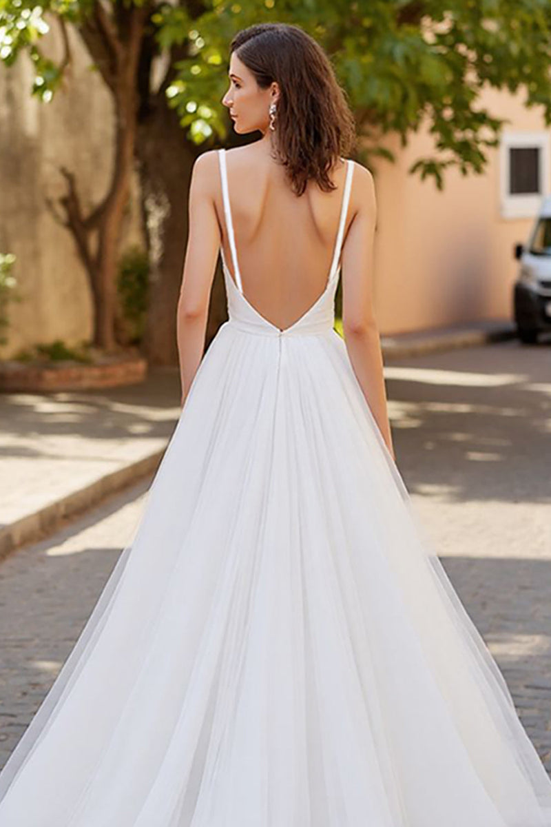 Load image into Gallery viewer, Simple Ivory V-Neck A Line Tulle Sweep Train Wedding Dress