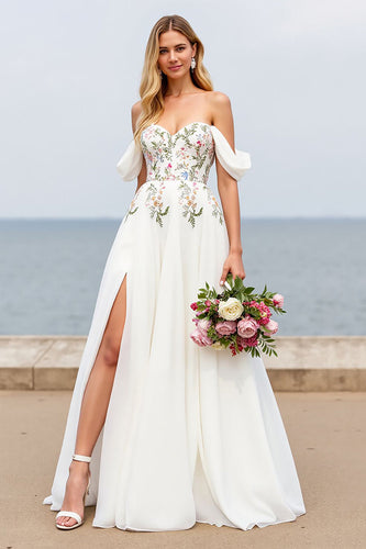 Ivory Off the Shoulder A Line Floral Sweep Train Chiffon Wedding Dress with Slit