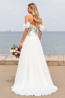 Load image into Gallery viewer, Ivory Off the Shoulder A Line Floral Sweep Train Chiffon Wedding Dress with Slit