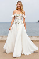 Load image into Gallery viewer, Ivory Off the Shoulder A Line Floral Sweep Train Chiffon Wedding Dress with Slit