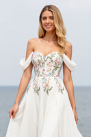 Load image into Gallery viewer, Ivory Off the Shoulder A Line Floral Sweep Train Chiffon Wedding Dress with Slit