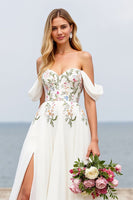 Load image into Gallery viewer, Ivory Off the Shoulder A Line Floral Sweep Train Chiffon Wedding Dress with Slit
