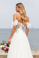 Load image into Gallery viewer, Ivory Off the Shoulder A Line Floral Sweep Train Chiffon Wedding Dress with Slit
