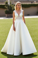 Load image into Gallery viewer, Ivory A Line V-Neck Sweep Train Satin Wedding Dress with Lace