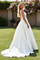 Load image into Gallery viewer, Ivory A Line V-Neck Sweep Train Satin Wedding Dress with Lace