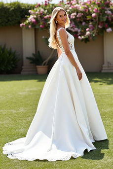 Ivory A Line V-Neck Sweep Train Satin Wedding Dress with Lace