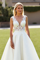 Load image into Gallery viewer, Ivory A Line V-Neck Sweep Train Satin Wedding Dress with Lace