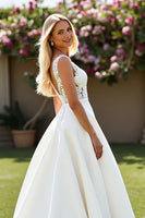 Load image into Gallery viewer, Ivory A Line V-Neck Sweep Train Satin Wedding Dress with Lace