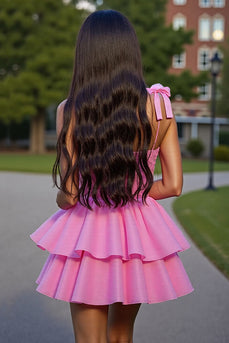 Glitter Pink Corset Tiered Short Prom Dress with Lace
