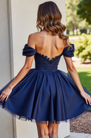 Load image into Gallery viewer, Black Tulle A Line Short Corset Prom Dress