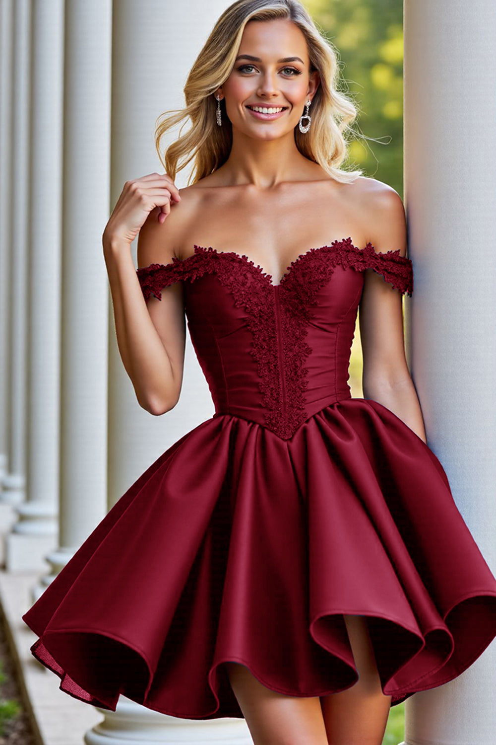 Burgundy Corset A Line Satin Short Prom Dress with Lace
