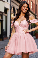 Load image into Gallery viewer, Blush A Line Tulle Short Corset Prom Dress with Lace