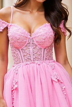 Pink A Line Corset Short Tulle Prom Dress with Lace