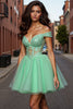 Load image into Gallery viewer, Sparkly Light Green Tulle A Line Short Corset Prom Dress with Lace