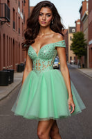 Load image into Gallery viewer, Sparkly Light Green Tulle A Line Short Corset Prom Dress with Lace
