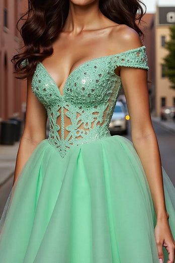 Sparkly Light Green Tulle A Line Short Corset Prom Dress with Lace