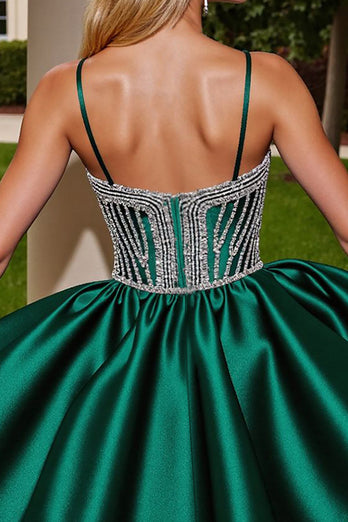 Sparkly Dark Green Short Satin Prom Dress with Beading