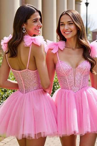 Sparkly Pink A Line Tulle Short Prom Dress with Sequins