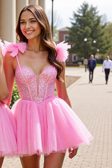 Sparkly Pink A Line Tulle Short Prom Dress with Sequins